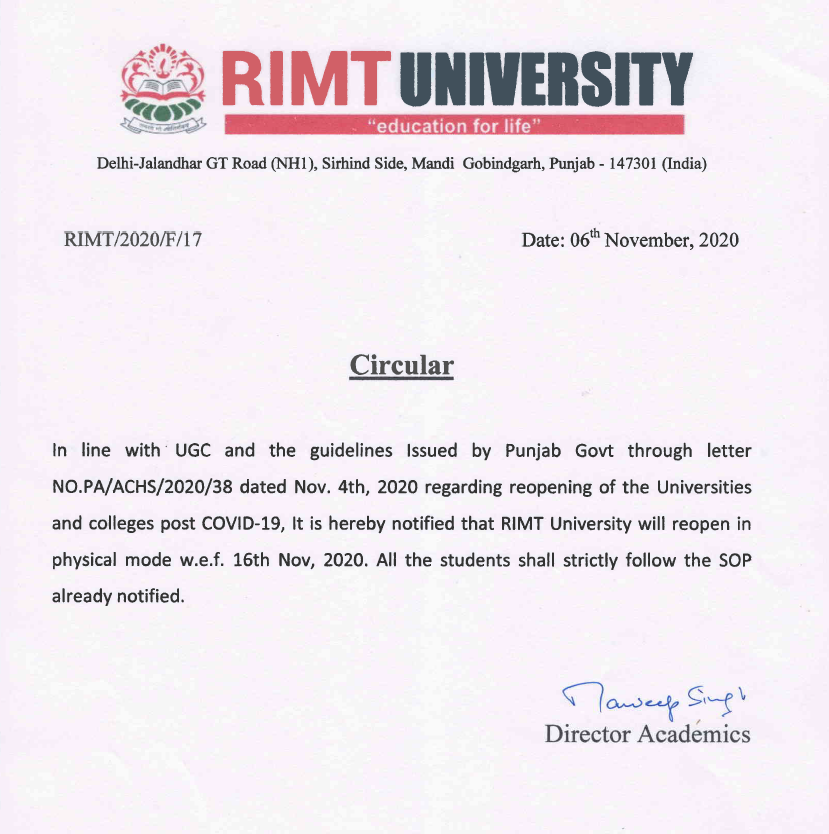RIMT University Circular